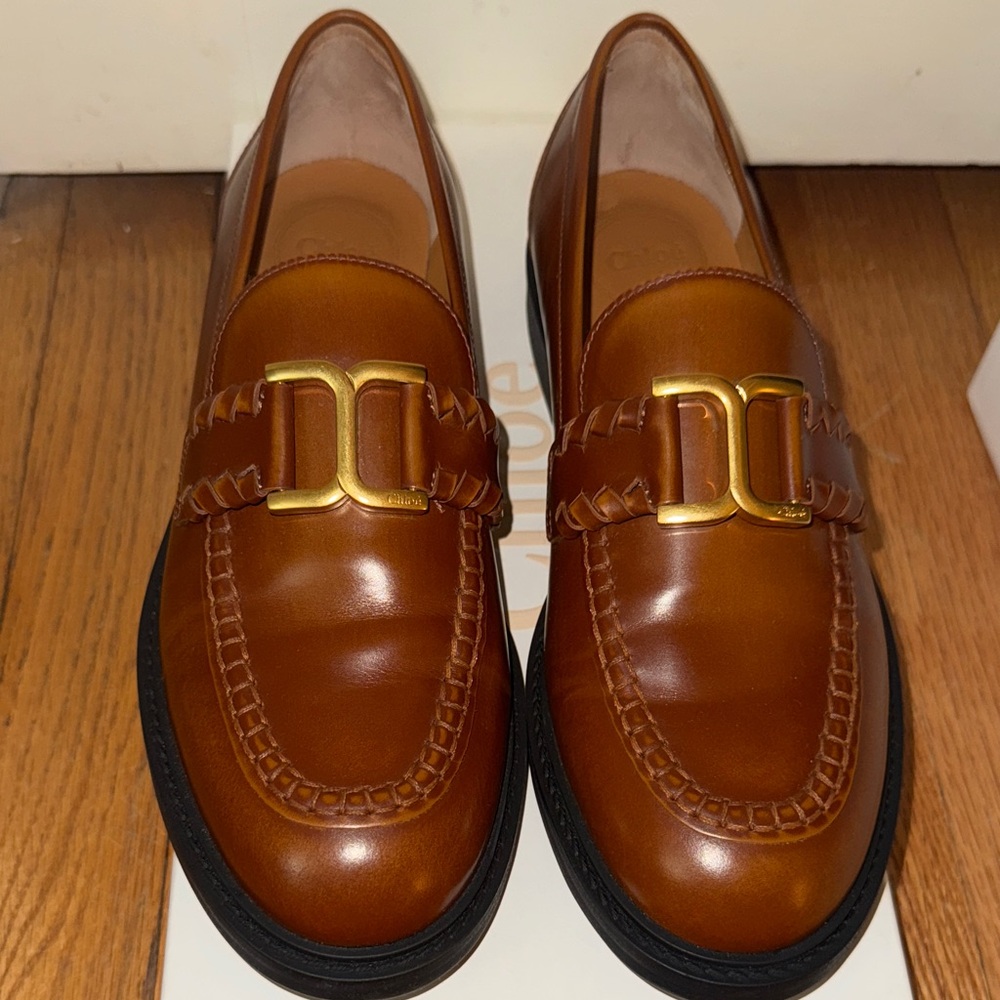 Brand New Chloe Brown Leather Loafers with Gold Accent with box and dust bags.